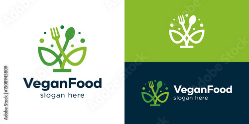 Creative simple vegan food logo template. Tree leaf with spoon and fork for Healthy food logo design vector illustration.