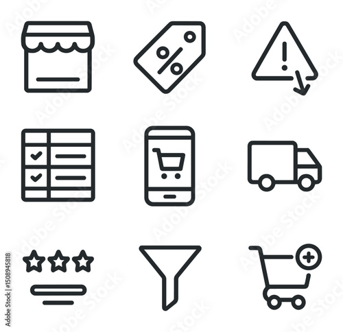 E-Commerce Icon Set. Outline icon set of e-commerce price tracking: digital storefront, percentage