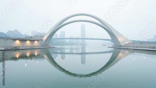 Modern Bridge Over Calm Water with City Skyline Reflection