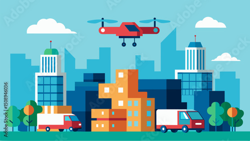 A drone delivery service utilizing a fleet of compact and agile drones to efficiently transport goods and packages to various locations within a bustling city.. Vector illustration
