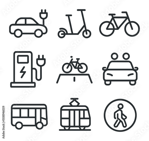 Eco Transportation Icons. Outline icon set of sustainable home design: solar panel, green roof,