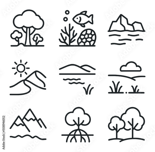 Earth Ecosystems Icons. Outline icon set of Earth’s ecosystems: rainforest canopy, coral reef,