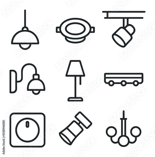 Modern Lighting Icon Set. Outline icon set of modern lighting solutions: pendant lamp silhouette, LED recessed fixture, track