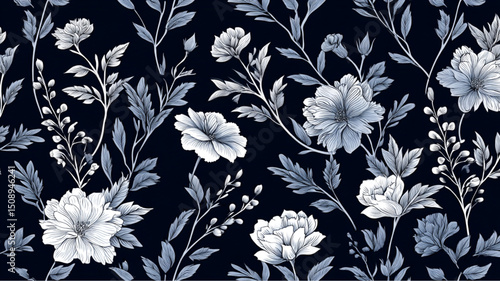 Monochrome floral pattern featuring white flowers and leaves on a dark blue background design repeat.,