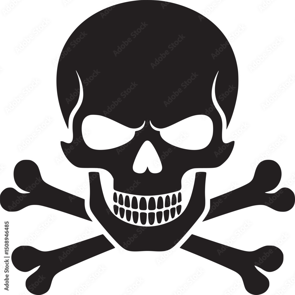 Fototapeta premium A black skull with white eyes and teeth on top of two crossed bones in a white background image