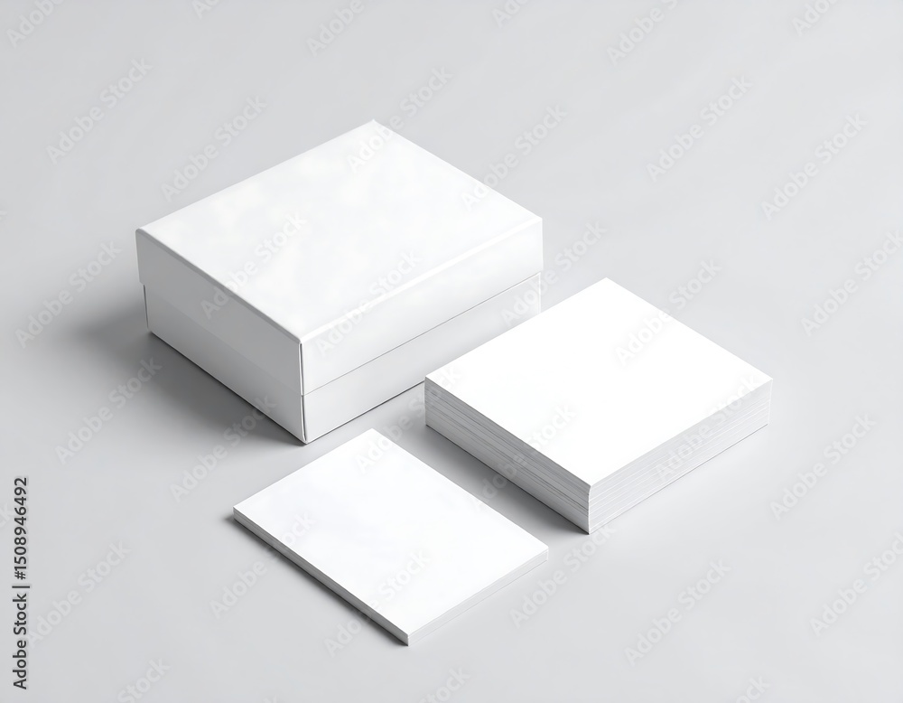 Two stacks of blank paper and a single blank card sit on a gray surface Two stacks of blank paper and a single blank card sit on a gray surface