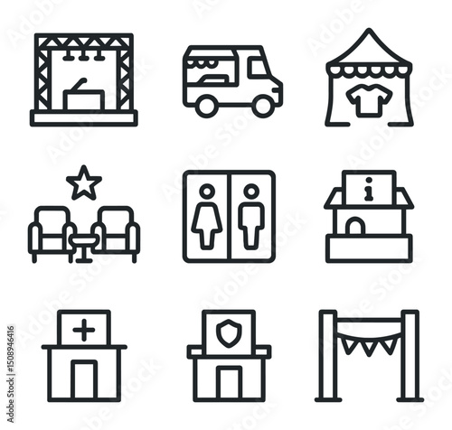 Festival Grounds Icons. Outline icon set of festival grounds layout: main stage, food truck, merch tent, VIP lounge, restrooms,
