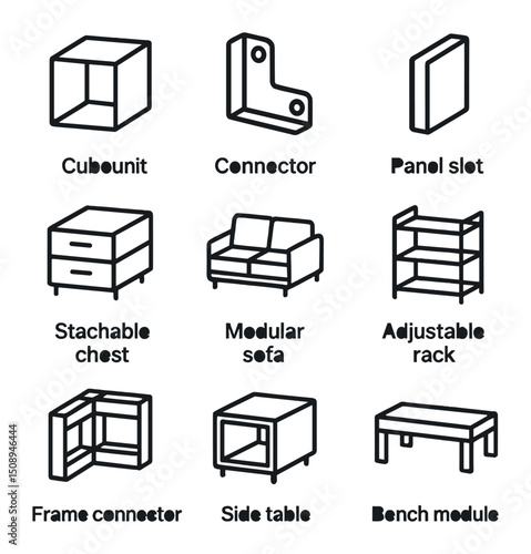 Modular Furniture Icons. Outline icon set of modular furniture systems: cube unit, connector bracket, panel slot, stackable chest,