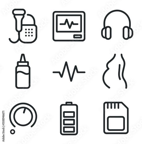 Fetal Monitoring Icons. Outline icon set of fetal monitoring devices: Doppler probe, display screen, earphones, transducer gel,