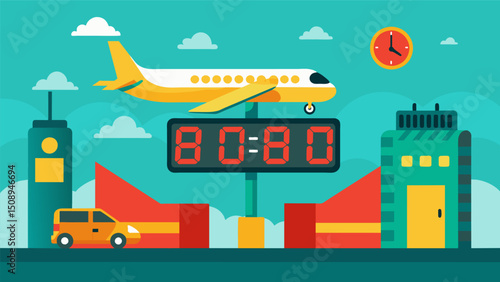 A giant digital clock counts down to the arrival of the next air taxi keeping the operators on their toes and ready to guide them to their destination.. Vector illustration