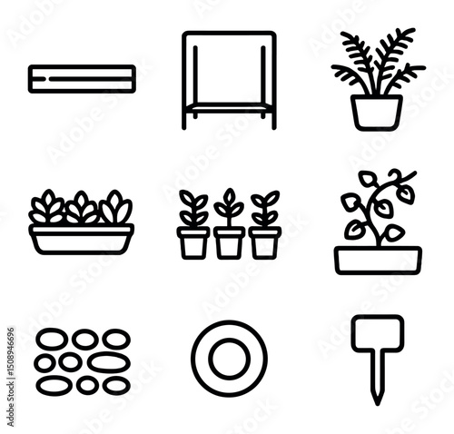 Modular Planter Icons. Outline icon set of modular planter shelves: wooden shelf, metal frame, potted fern, succulents tray, herb