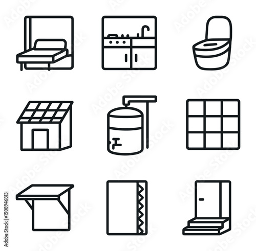Modular Tiny Home Icons. Outline icon set of modular tiny homes: fold-out bed, kitchenette unit, compost toilet, solar panel roof,