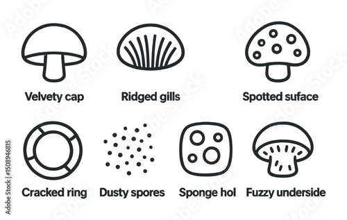 Mushroom icon set featuring velvety cap, ridged gills, and spotted surface