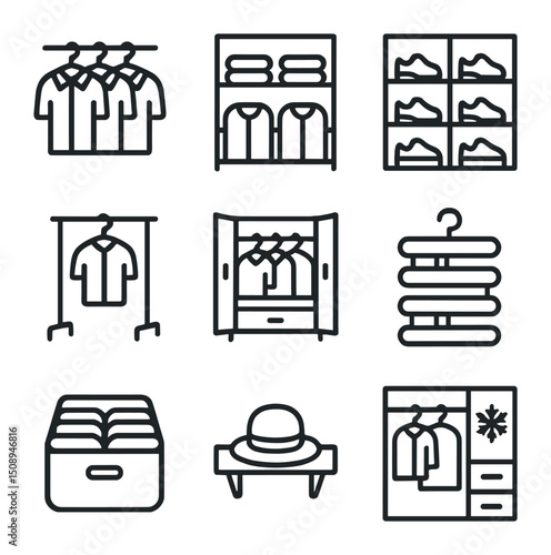 Efficient Clothing Icons. Outline icon set of efficient clothing display systems: hanging shirts,