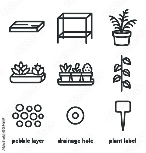 Modular Planter Icons. Outline icon set of modular planter shelves: wooden shelf, metal frame, potted fern, succulents tray, herb