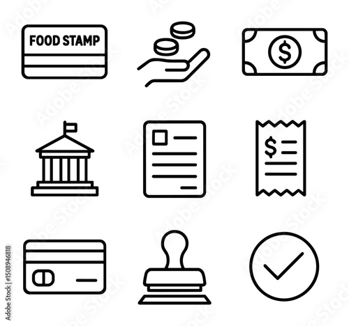Financial Assistance Icons. Outline icon set of financial food assistance: food stamp card, coins hand, dollar bill, government
