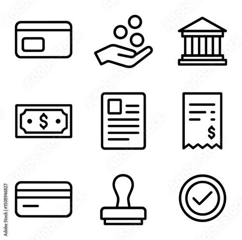 Financial Assistance Icons. Outline icon set of financial food assistance: food stamp card, coins hand, dollar bill, government