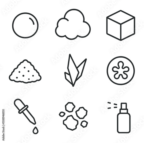 Molecular Gastronomy Icons. Outline icon set of molecular gastronomy plating: spherified droplet, foam cloud, gel cube, edible