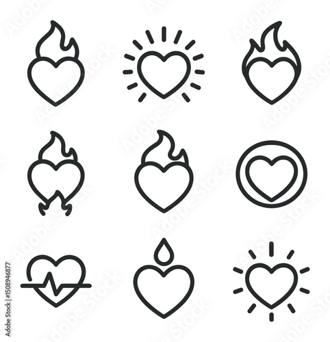 Flaming Heart Icons. Outline icon set of flaming heart with rays: burning heart, outer rays, inner glow, ember spark, flame swirl,