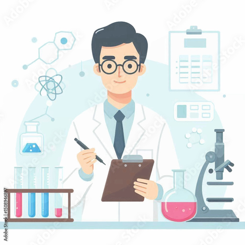 A scientist in a lab coat holds a pen and clipboard surrounded by lab equipment and molecular diagrams