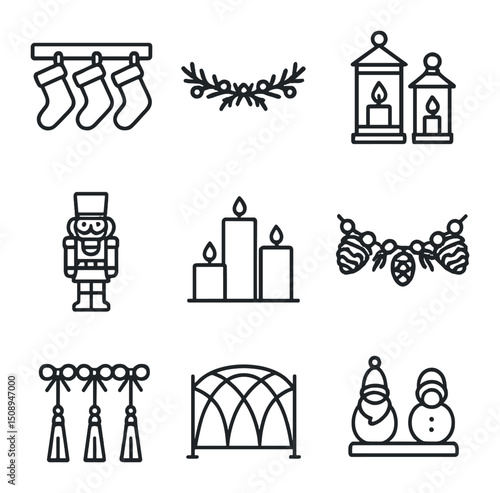 Fireplace Decor Icons. Outline icon set of mantel and fireplace decor: stockings hung, garland drape, candle lanterns, nutcracker