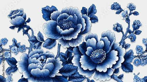Detailed blue floral pattern with peony flowers and leaves on a white background in full frame view