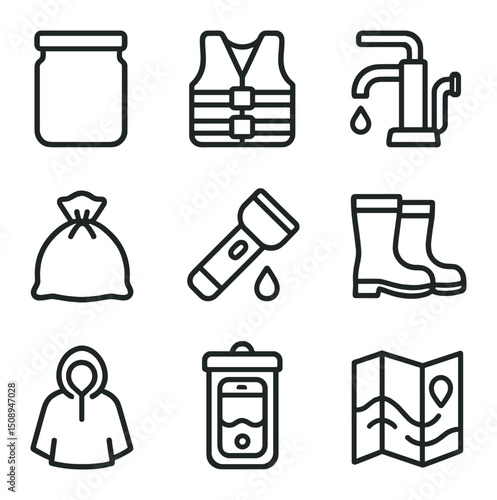 Flood Kit Icons. Outline icon set of flood emergency kit: waterproof pouch, life jacket, water pump, sandbag, waterproof torch,