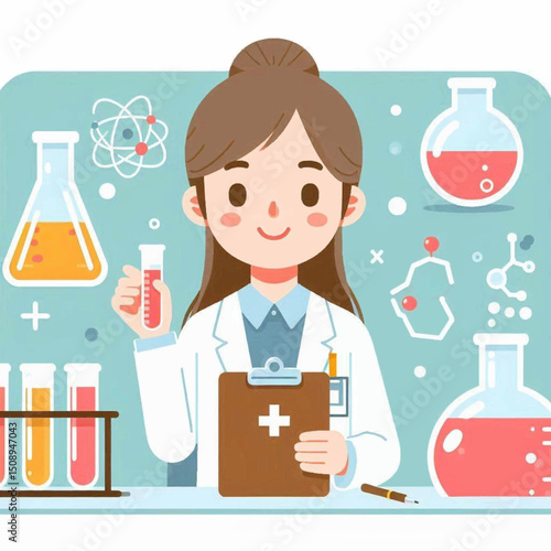 A scientist in lab coat holds a vial in a colorful science scene