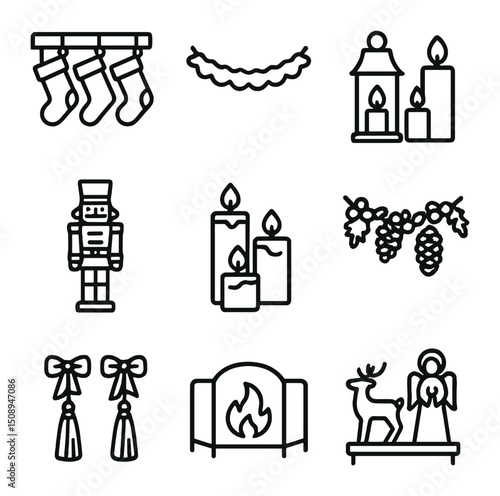 Fireplace Decor Icons. Outline icon set of mantel and fireplace decor: stockings hung, garland drape, candle lanterns, nutcracker
