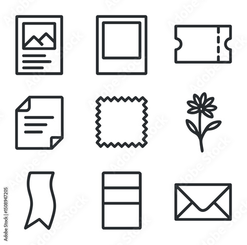 Moodboard Line Icons. Outline icon set of moodboards and collages: magazine clip, polaroid photo, ticket stub, paper ephemera,
