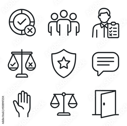Ethical Leadership Icons. Outline icon set of workplace integrity: employee rights icon, report