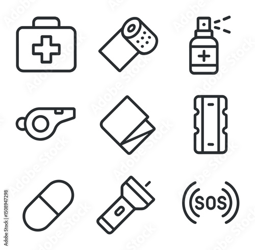 First Aid Icons. Outline icon set of first aid and safety: first aid kit, bandage roll, antiseptic spray, emergency whistle,