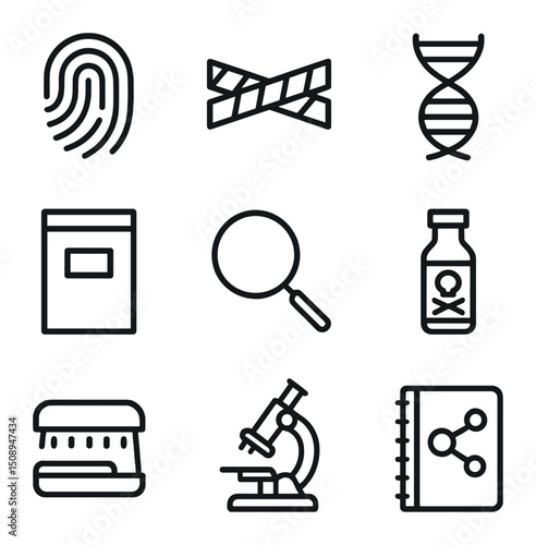 Forensic Icon Set. Outline icon set of forensic laboratory analysis: fingerprint icon, crime scene tape, DNA strand, evidence bag,