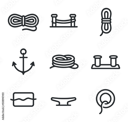 Mooring Line Icons. Outline icon set of mooring lines: mooring line, spring line, breast line, anchor rode, dock line, bitt,
