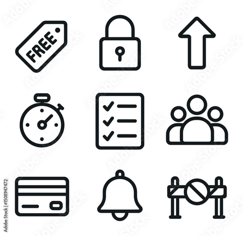 Freemium Service Icons. Outline icon set of freemium service models: free tag badge, premium lock icon, upgrade arrow, trial timer