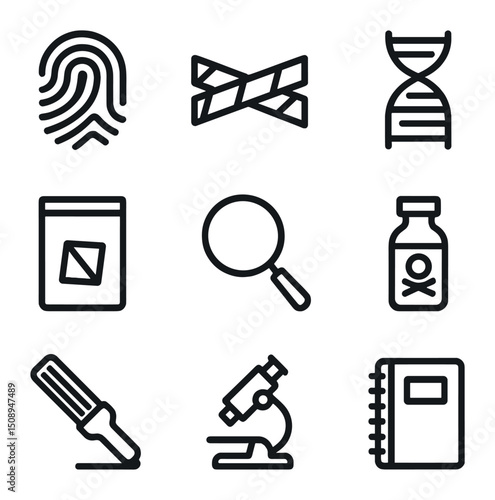 Forensic Icon Set. Outline icon set of forensic laboratory analysis: fingerprint icon, crime scene tape, DNA strand, evidence bag,