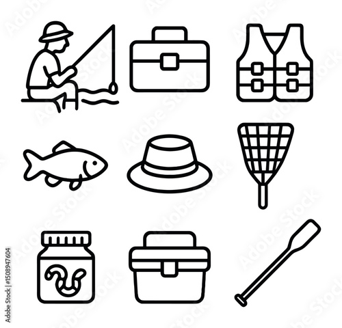 Fishing Icon Set. Outline icon set of man fishing by the lake: fishing rod, tackle box, life vest, fish silhouette, fishing hat,