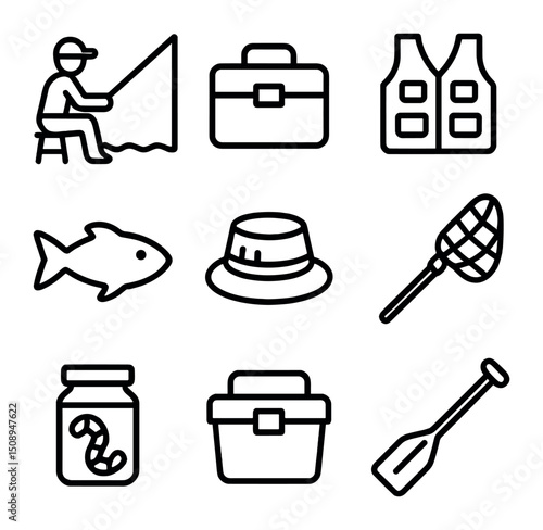 Fishing Icon Set. Outline icon set of man fishing by the lake: fishing rod, tackle box, life vest, fish silhouette, fishing hat,