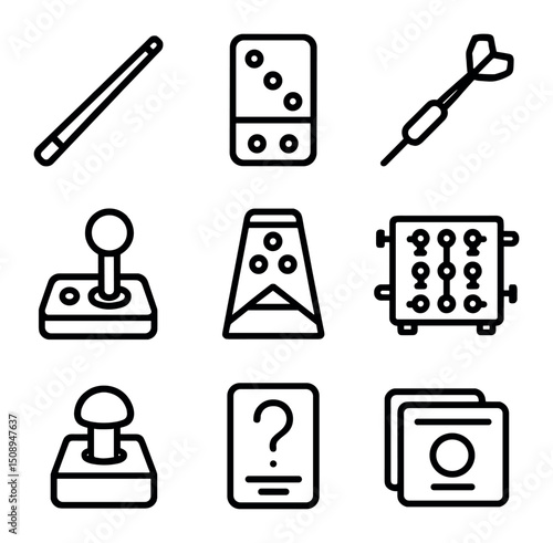 Games Icon Grid. Outline icon set of games and activities: pool cue, domino tile, dart, arcade joystick, tabletop soccer,