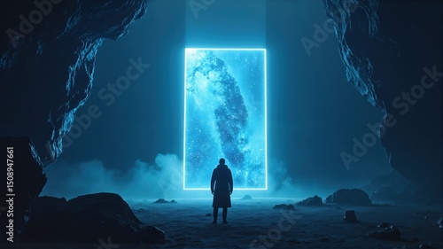 Man Standing Before Glowing Portal in Dark Cave