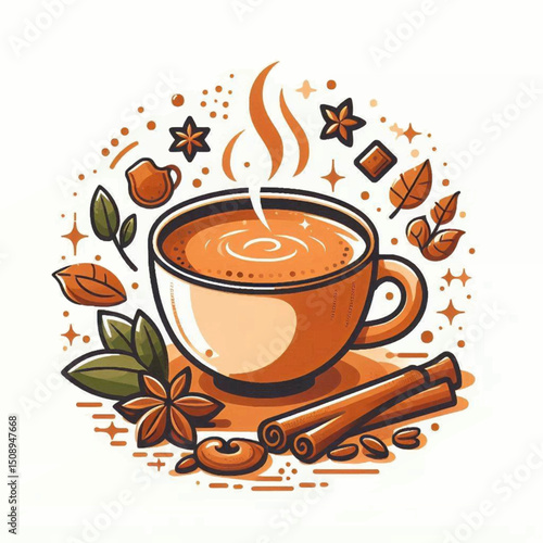 A steaming cup of orangetinted liquid surrounded by autumnthemed elements