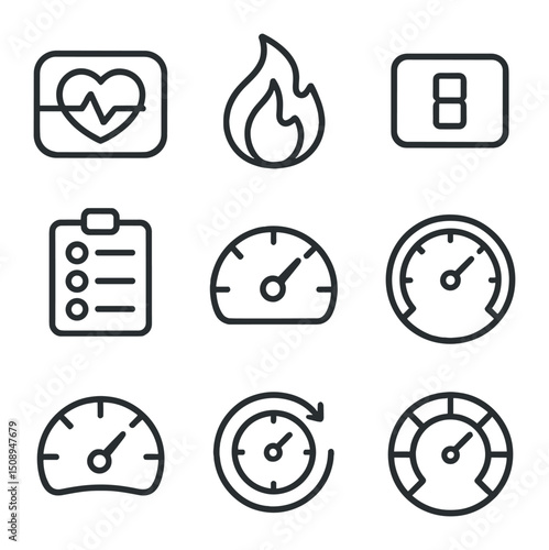 Fitness Metrics Icon Set. Outline icon set of performance metrics: heart rate monitor, calorie burn, rep counter, set counter,