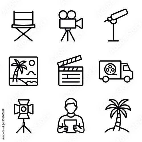Exotic Film Set Icons. Outline icon set of seasonal care for flowering houseplants: flower in bloom,