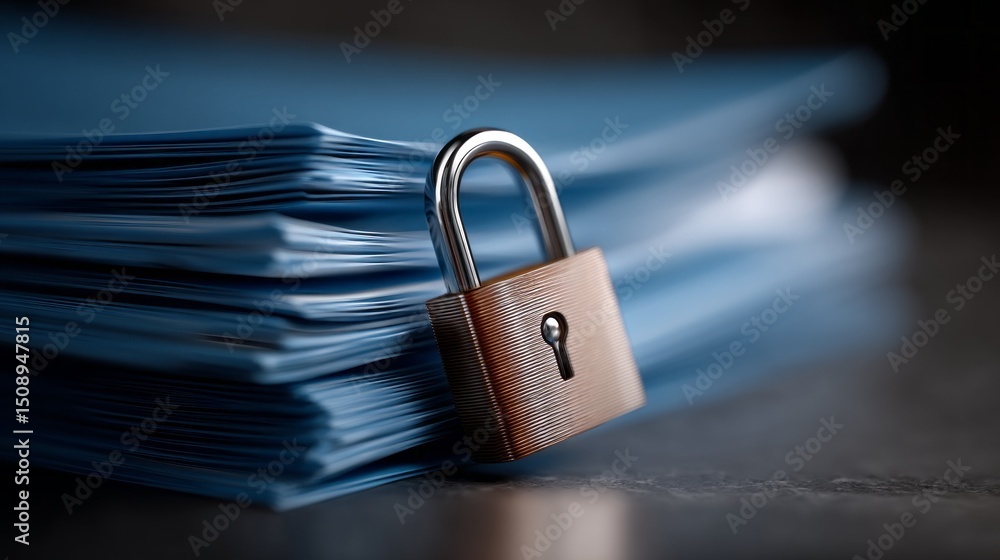 Naklejka premium A stack of blue folders is tightly secured with a brass padlock, emphasizing the importance of privacy and secure document management in an office environment