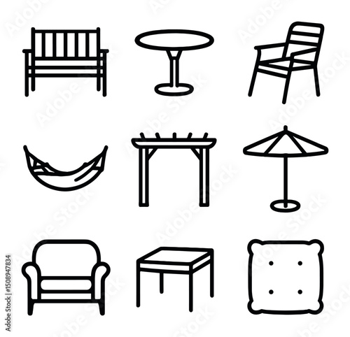 Garden Furniture Icons. Outline icon set of garden furniture: bench seat, patio table, garden chair, hammock, pergola, umbrella
