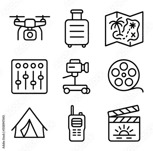Exotic Film Icons. Outline icon set of a film set on an exotic location with actors and crew working
