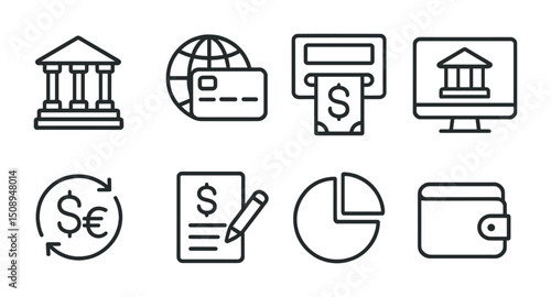 Financial icons: banking, currency, and digital transactions for business design