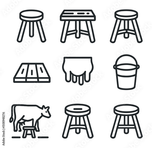 Farm Tool Icons. Outline icon set of milking stool: three-legged stool, wooden plank seat, rustic