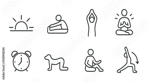 Minimalist yoga and meditation icons for daily exercise and wellness design