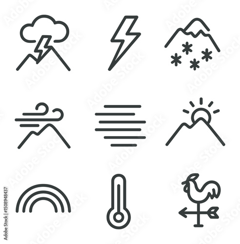 Mountain Weather Icons. Outline icon set of mountain weather phenomena: thundercloud, lightning bolt, snowfall, gust of wind, fog